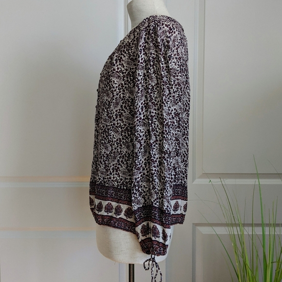 Lucky Brand Blouse Peasant Paisley Floral Print Long Sleeve Burgundy Navy L NWT - Picture 8 of 11